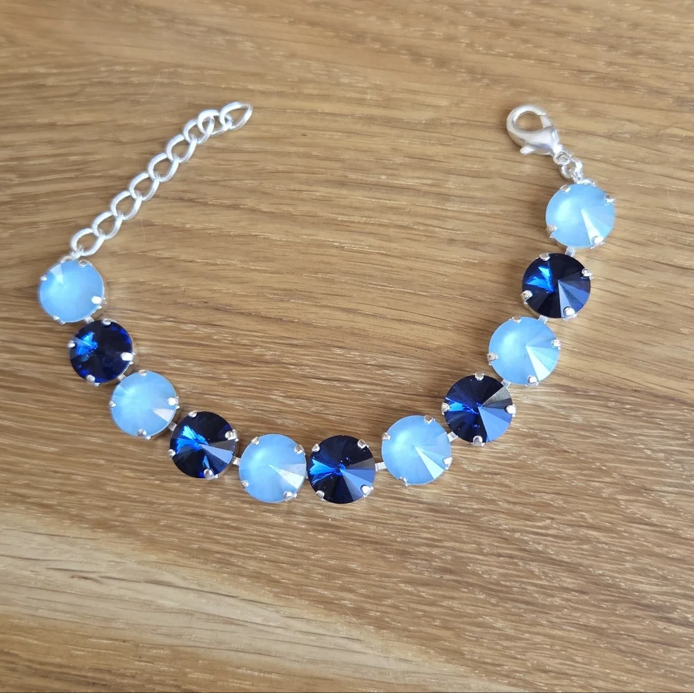 Silver Setting Bracelet, Blue Rivoli Crystals, Hand Crafted
